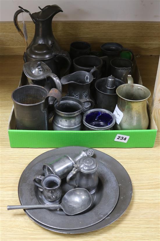 A collection of pewter mugs and twelve items of pewter, 18th and 19th century